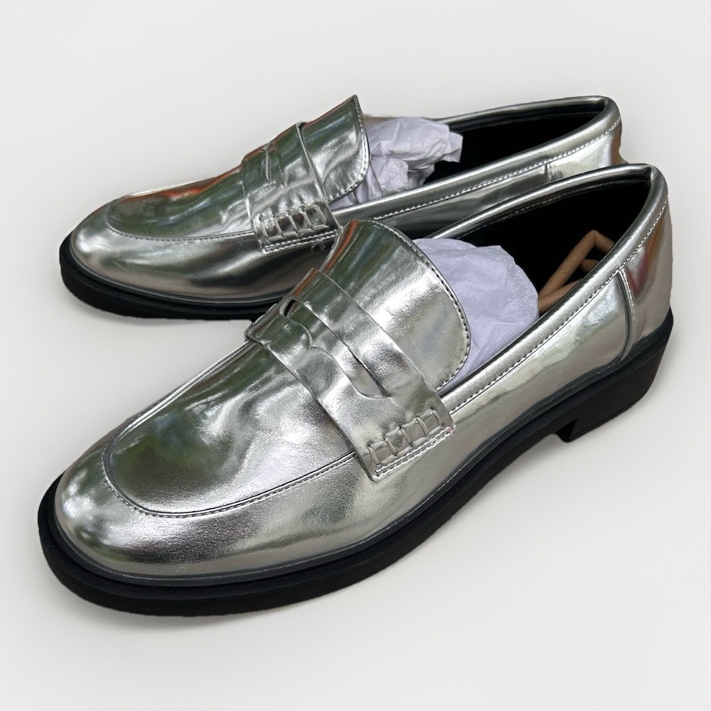 A New Day Womens Silver Metallic Jordan Penny Loafers 8.5 Round Toe Block Heel